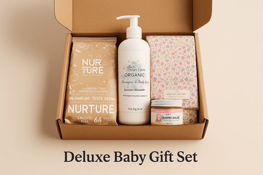 [AloeVibe Baby] + [Type of Product or Pack] + [Key Ingredients or Features] + [Usage or Benefit]AloeVibe Baby Deluxe Gift Set – Organic Shampoo, Balm, Wipes & Swaddle
