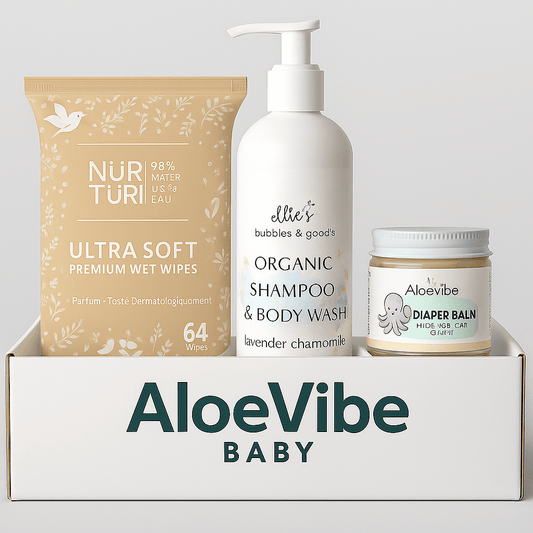 [AloeVibe Baby] + [Type of Product or Pack] + [Key Ingredients or Features] + [Usage or Benefit]AloeVibe Baby – Premium Starter Pack (Wipes + Shampoo + Balm)